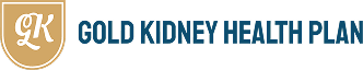 Logo for Gold Kidney Health Plan, featuring a gold shield with white script "GK" to the left of blue text that reads "GOLD KIDNEY HEALTH PLAN".