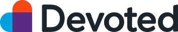 Devoted logo with an abstract multi-colored symbol in orange, blue, and purple, positioned to the left of the word 'Devoted' in dark text.
